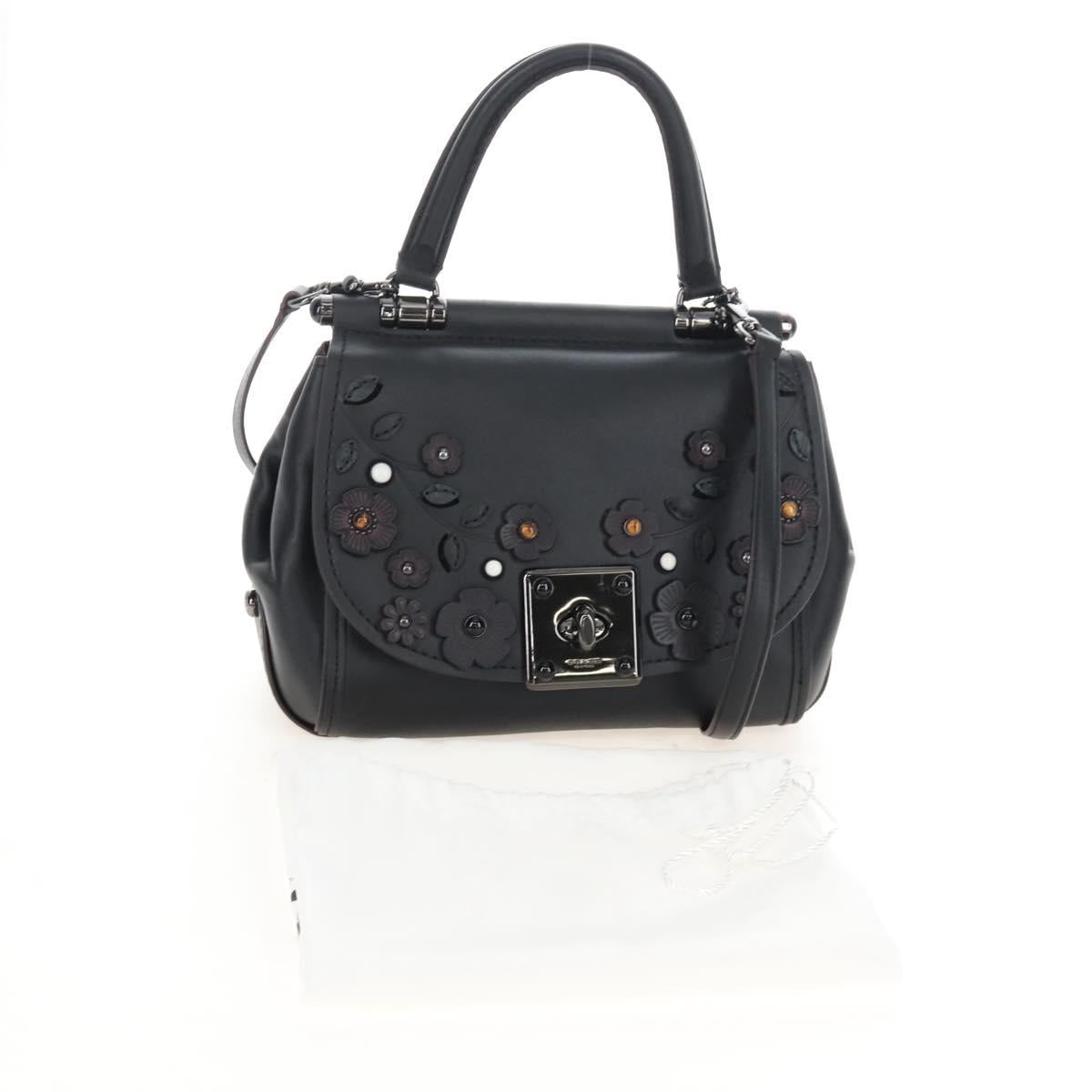 Coach Tea Rose Turn Lock Hand Bag Leather 2way Black Silver Auth am13006V