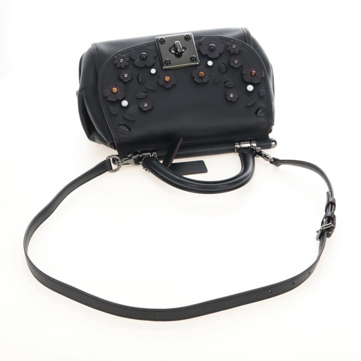 Coach Tea Rose Turn Lock Hand Bag Leather 2way Black Silver Auth am13006V