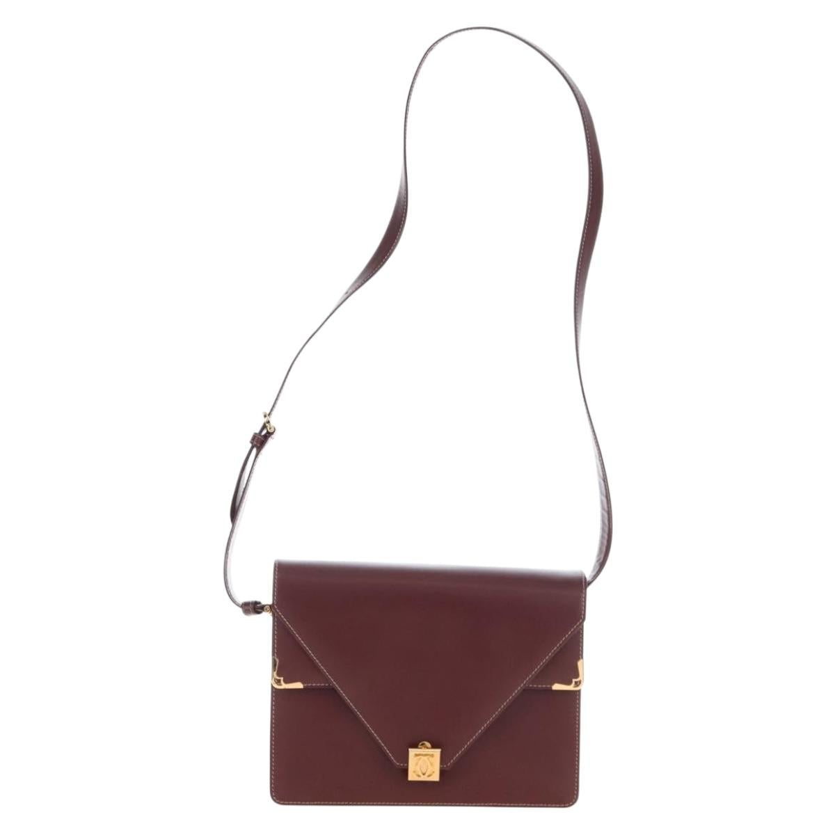 Cartier Must Line Shoulder Bag Leather Bordeaux Gold Auth am13009V