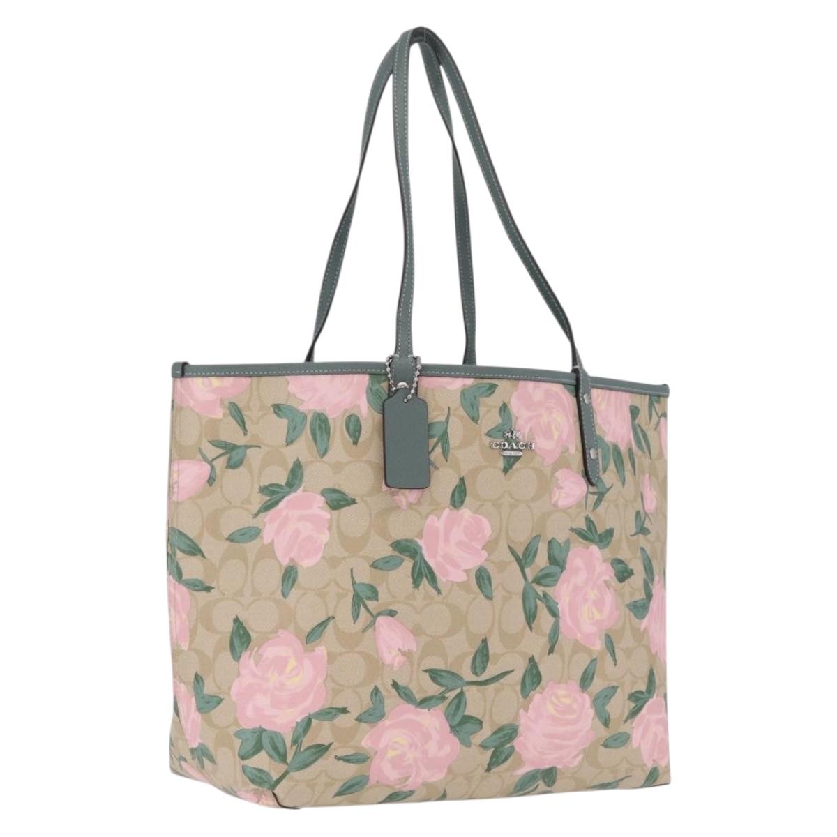 Coach Reversible Flower Tote Bag PVC Canvas Beige Silver Auth am13010A