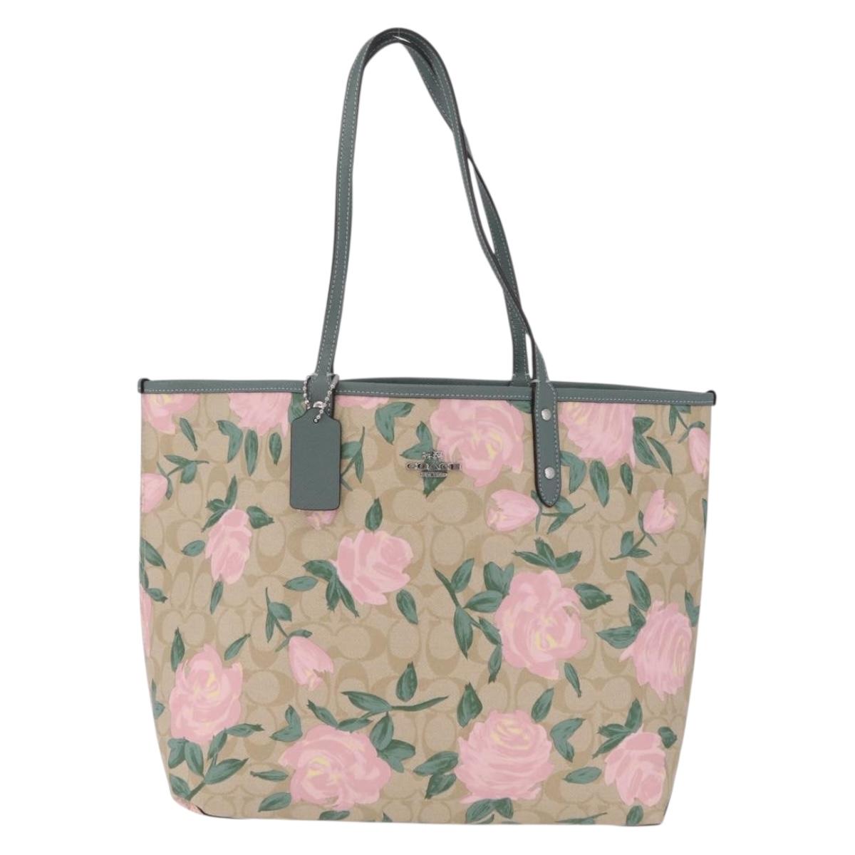 Coach Reversible Flower Tote Bag PVC Canvas Beige Silver Auth am13010A