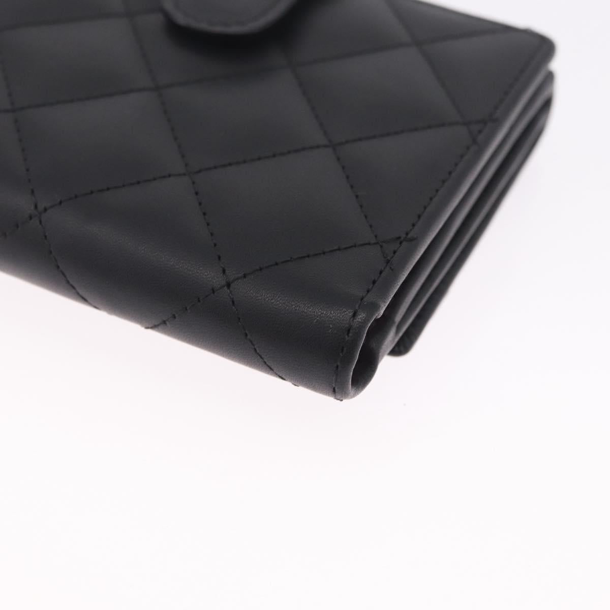 CHANEL Cambon Line W Hook Trifold Wallet Leather Black Silver CC Auth am13011SAM
