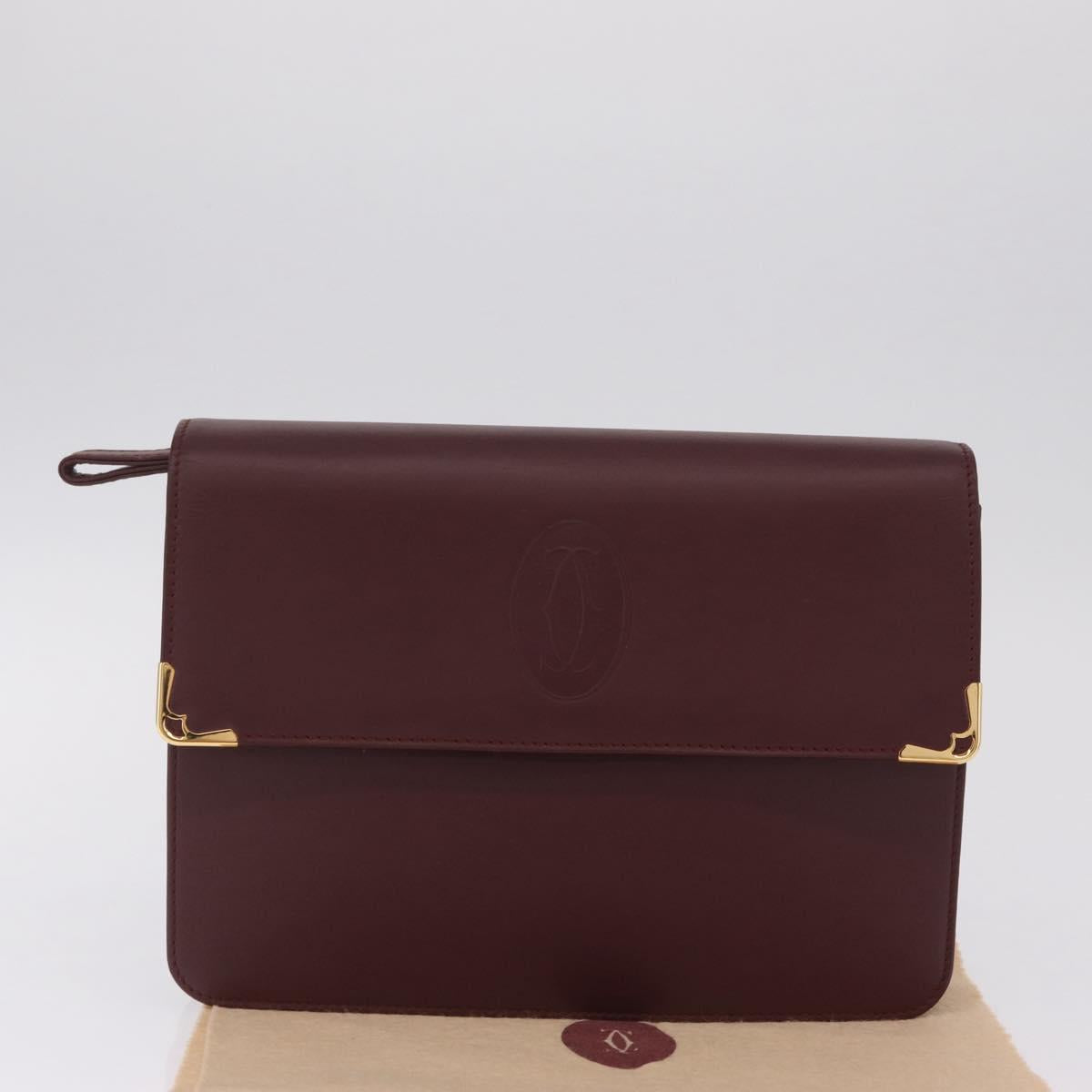Cartier Clutch Bag Leather Bordeaux Gold Tone Auth am13042V