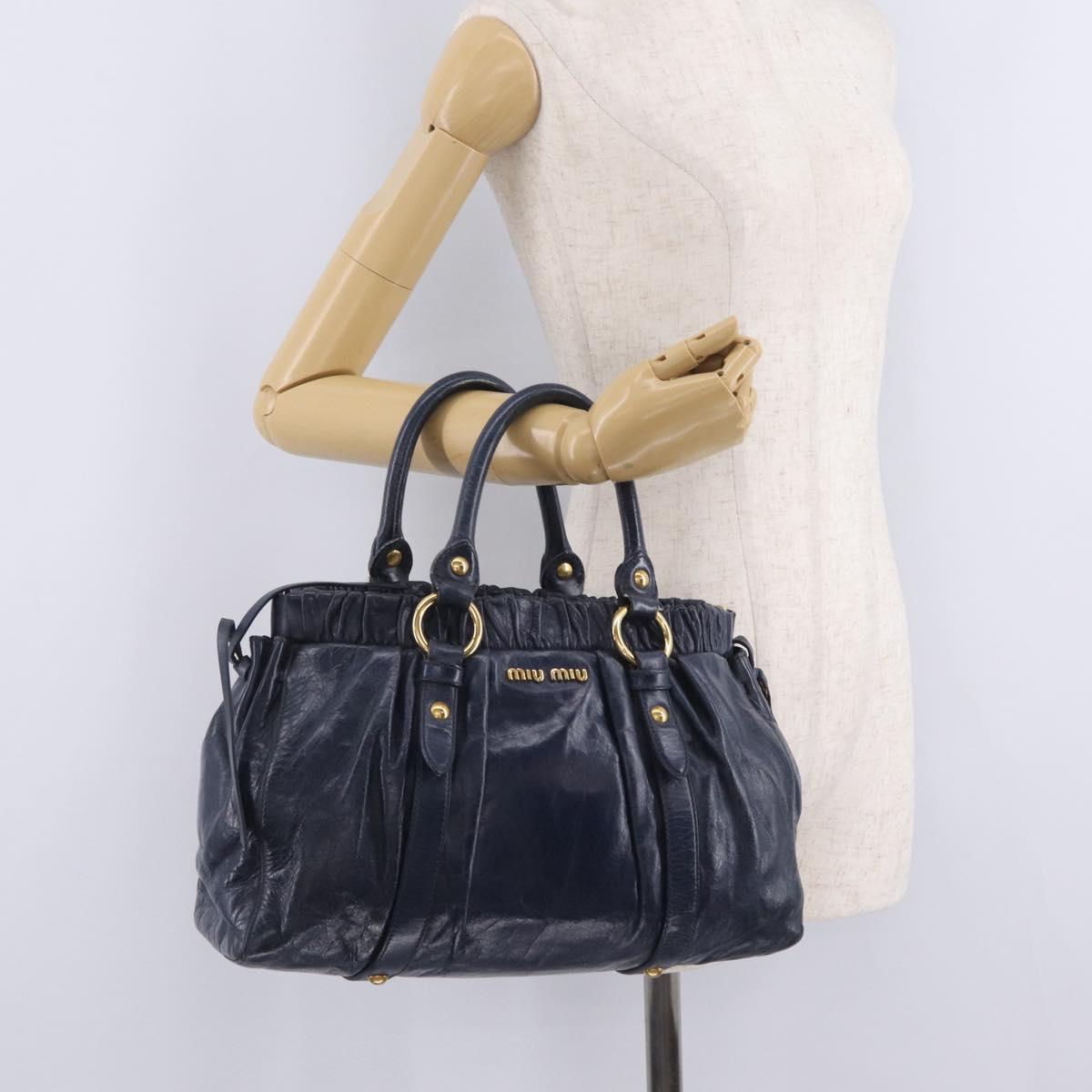 Miu Miu VITELLO LUX Hand Bag Leather Navy Gold Tone Auth am13043V