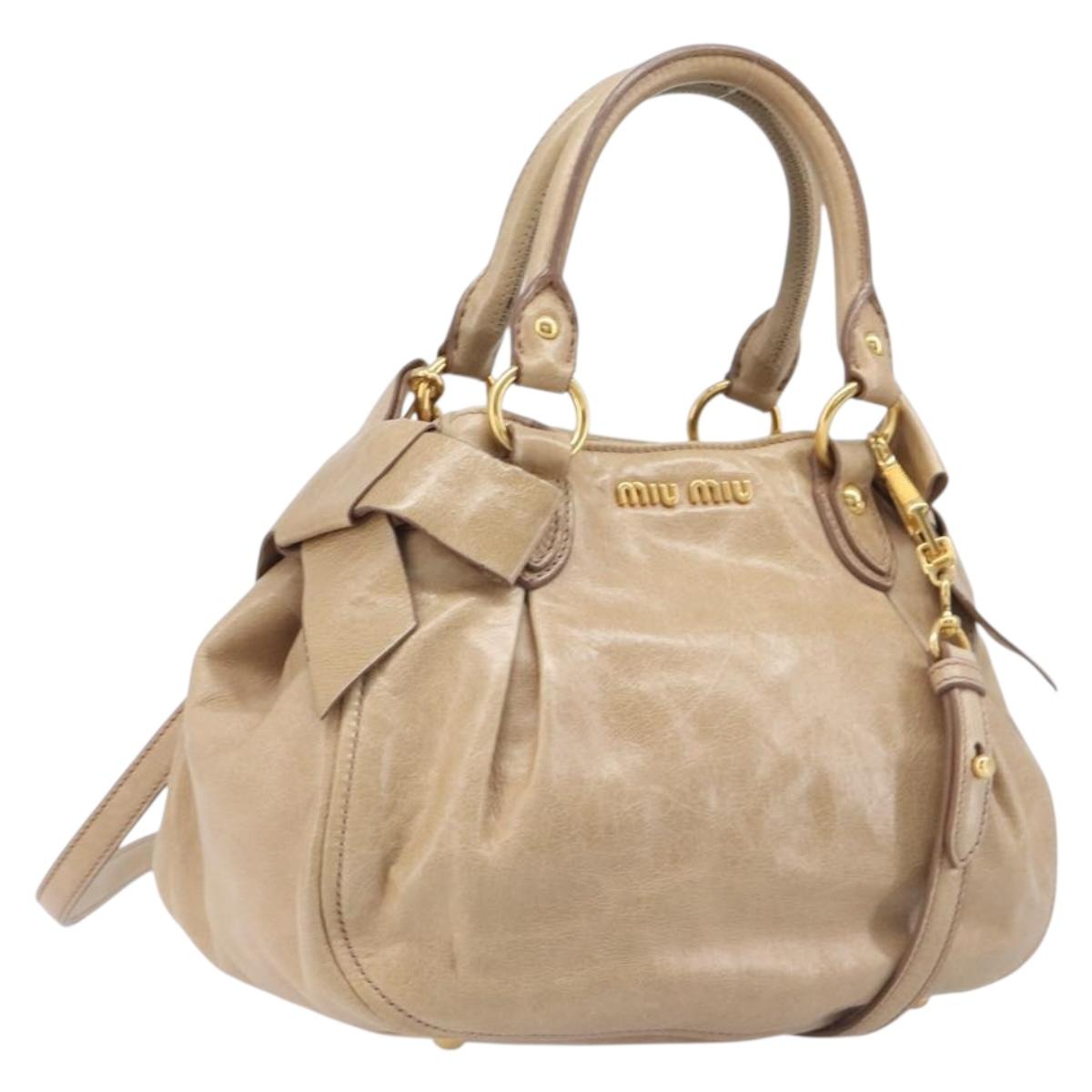 Miu Miu Side Ribbon Hand Bag Leather Beige Gold Tone Auth am13045V