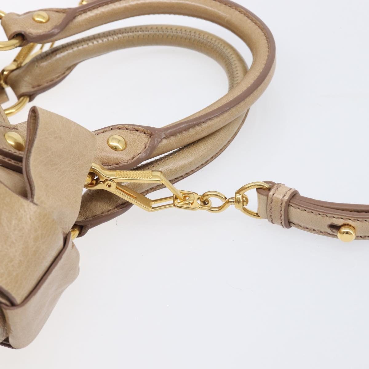 Miu Miu Side Ribbon Hand Bag Leather Beige Gold Tone Auth am13045V