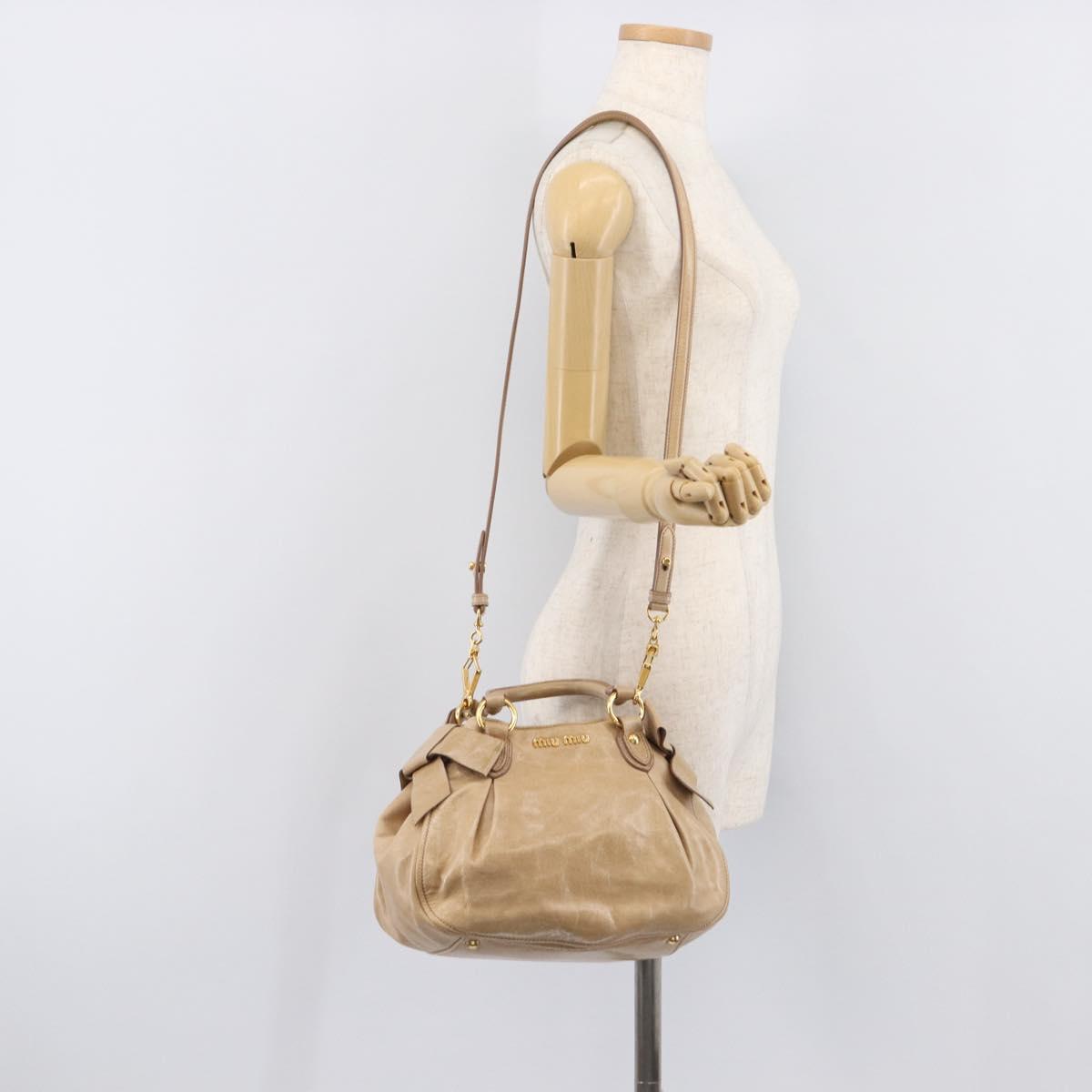 Miu Miu Side Ribbon Hand Bag Leather Beige Gold Tone Auth am13045V