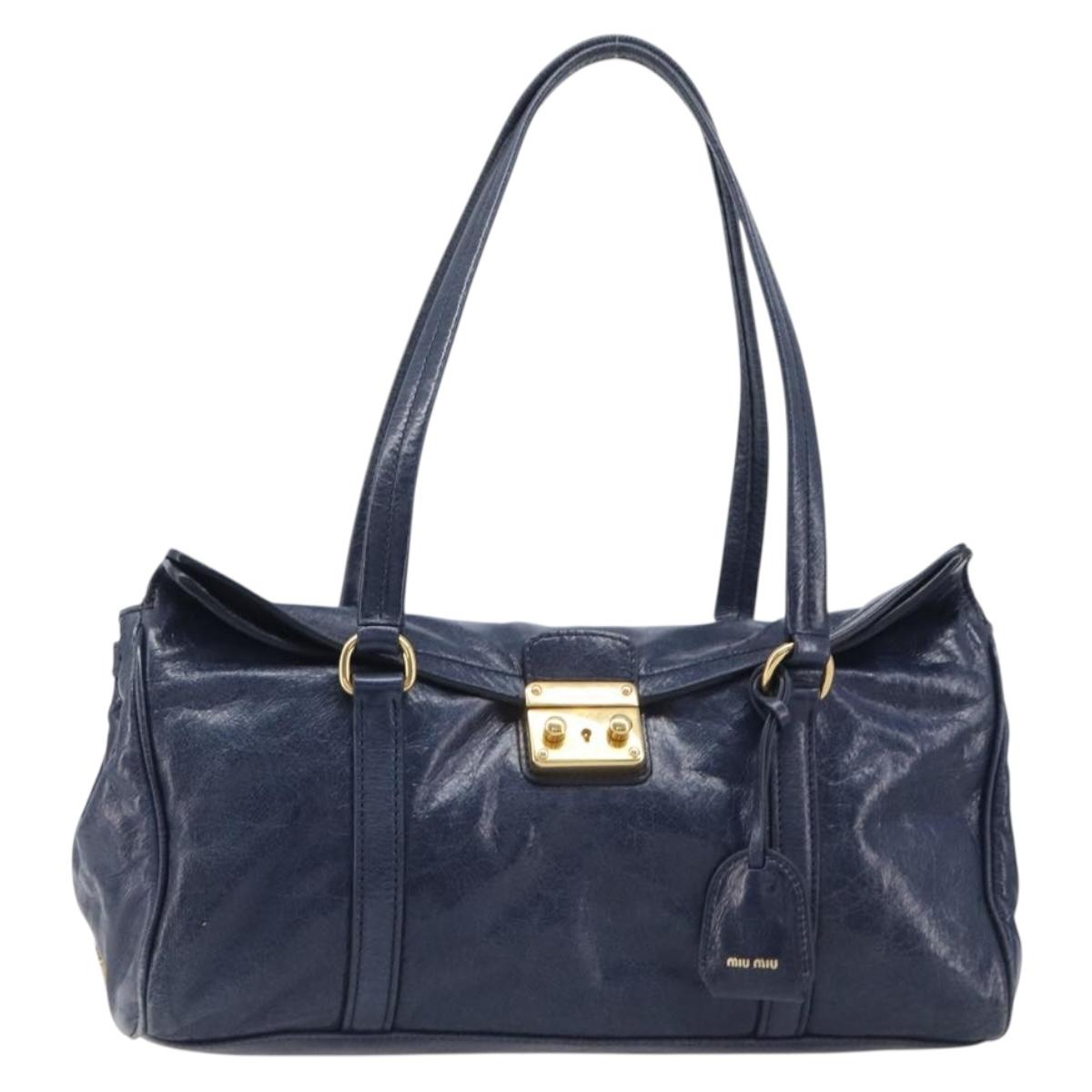 Miu Miu Lady Rock Shoulder Hand Bag Leather Navy Gold Tone Auth am13046V