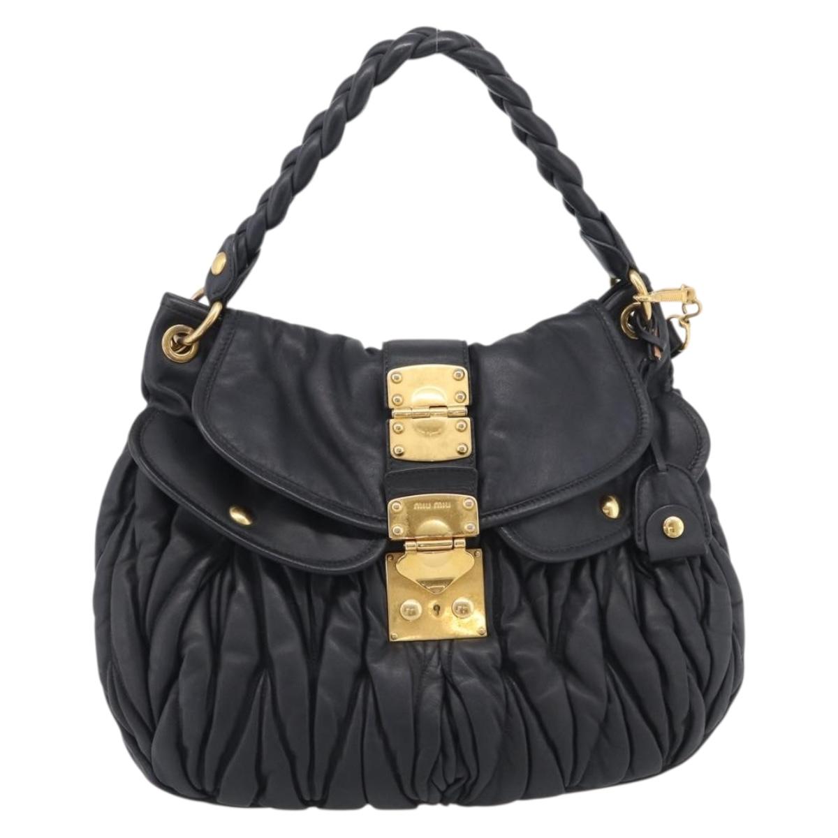 Miu Miu Matelasse Lady Rock Hand Bag Leather Black Gold Tone Auth am13047V