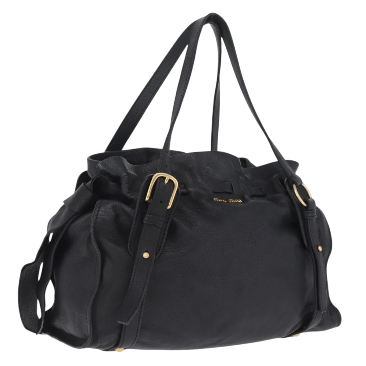 Miu Miu Side Ribbon Shoulder Bag Leather Black Gold Tone Auth am13050V