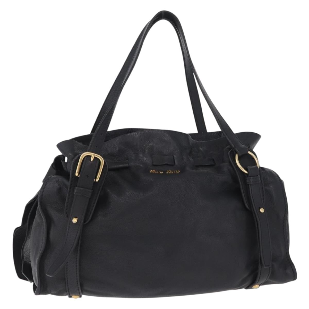 Miu Miu Side Ribbon Shoulder Bag Leather Black Gold Tone Auth am13050V