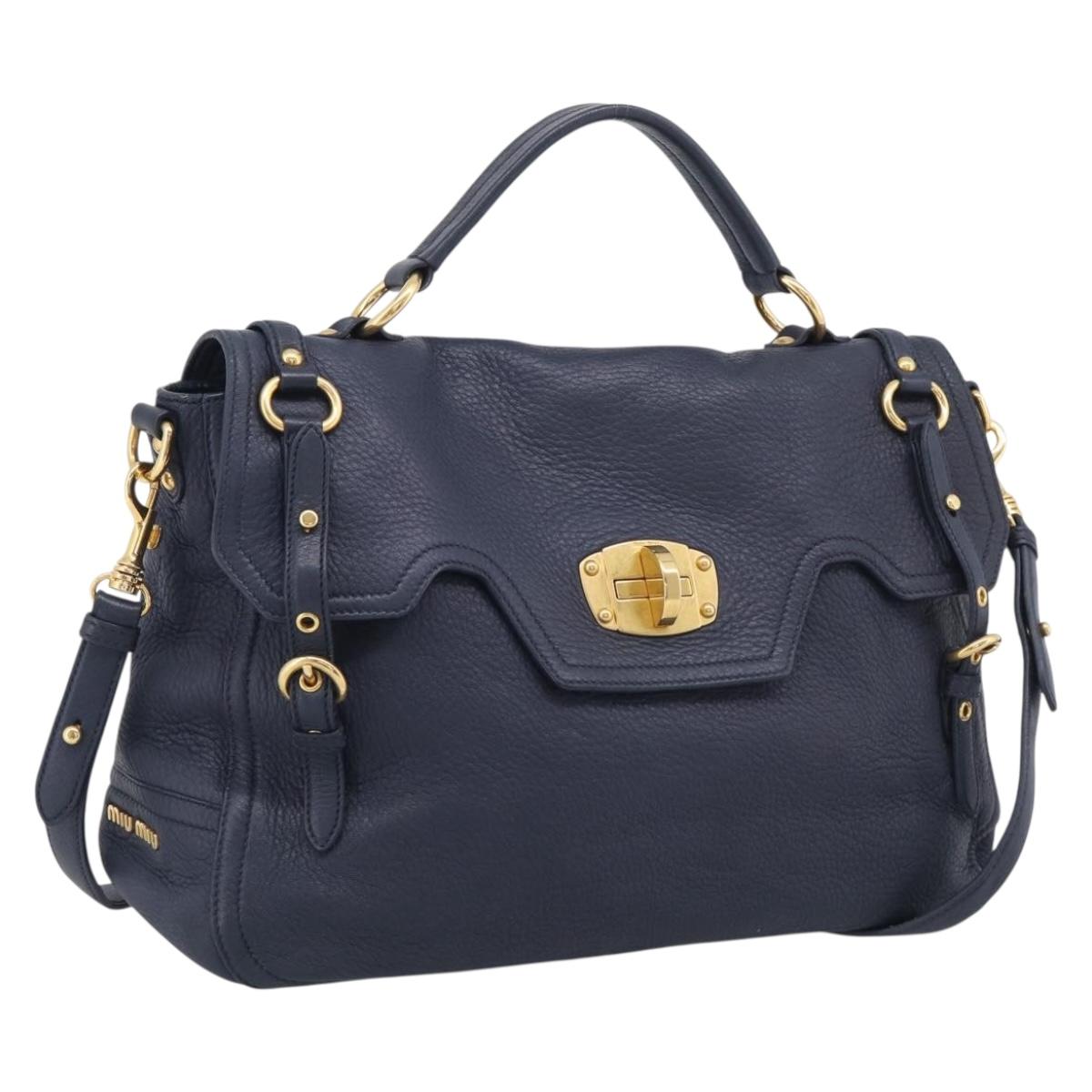 Miu Miu Turn Lock Hand Bag Leather Navy Gold Tone Auth am13056V