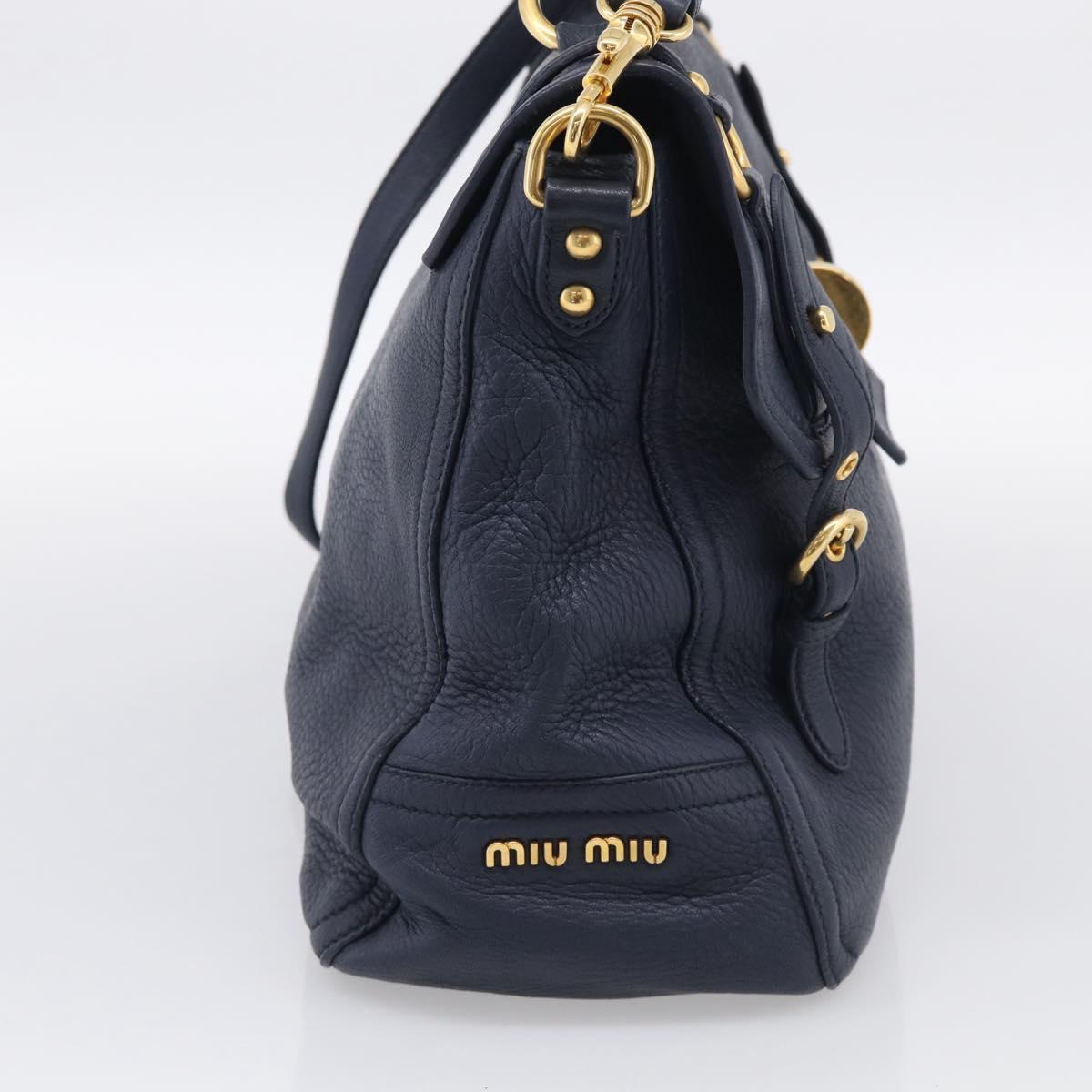 Miu Miu Turn Lock Hand Bag Leather Navy Gold Tone Auth am13056V