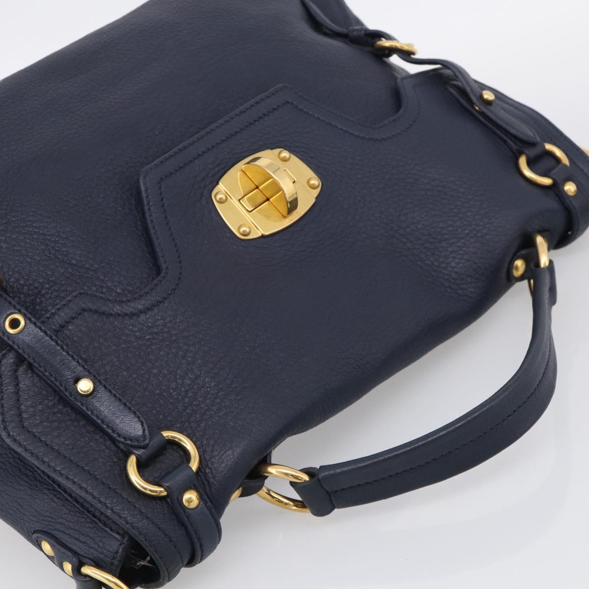 Miu Miu Turn Lock Hand Bag Leather Navy Gold Tone Auth am13056V