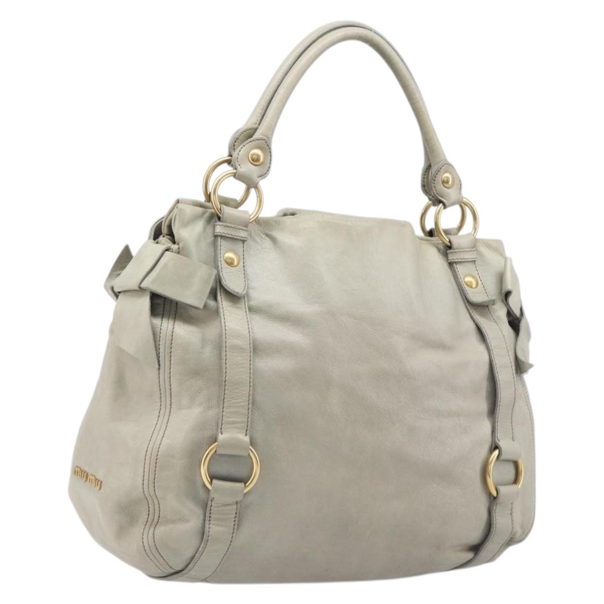 Miu Miu Vitello Lux Side Ribbon Hand Bag Leather Greige Gold Tone Auth am13057A