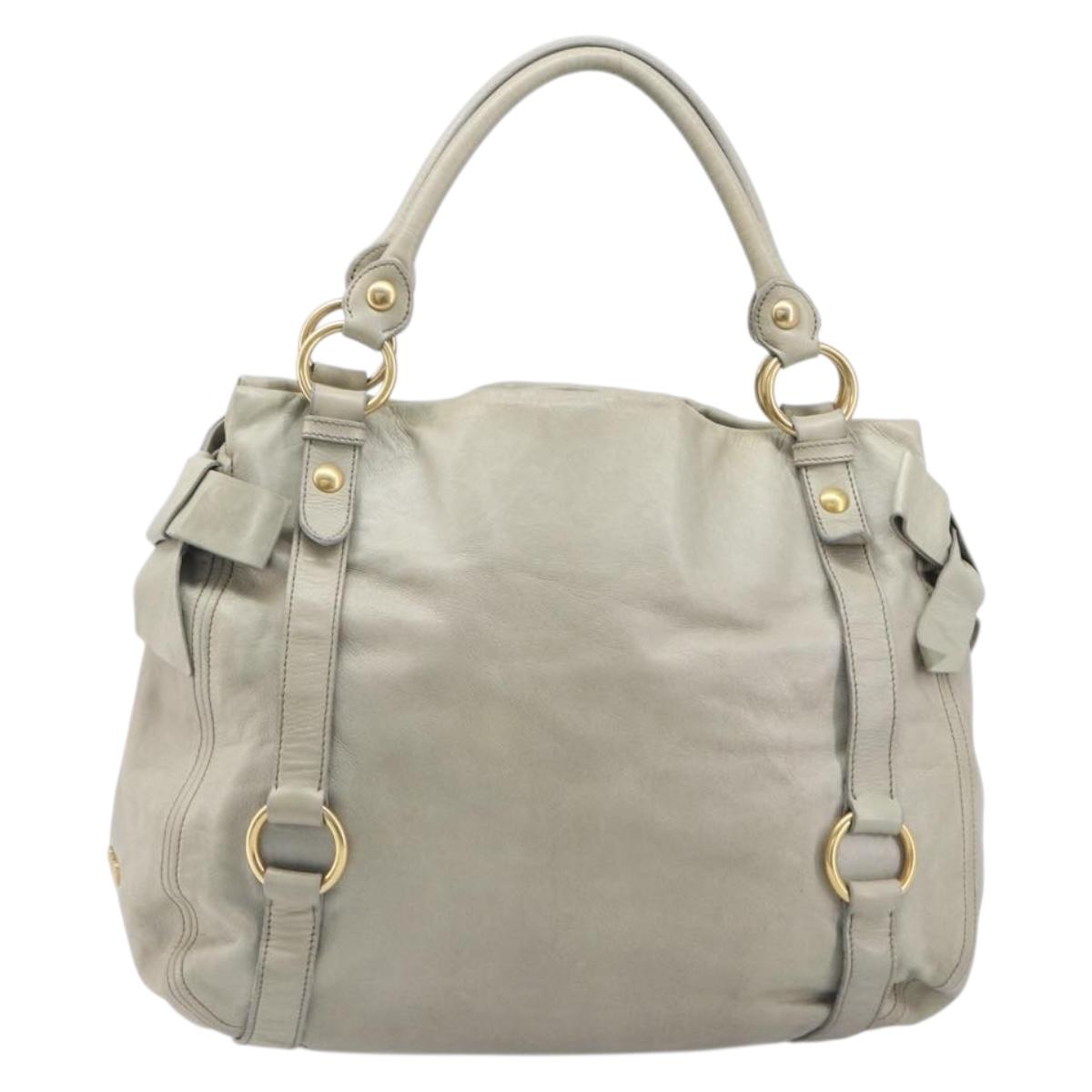 Miu Miu Vitello Lux Side Ribbon Hand Bag Leather Greige Gold Tone Auth am13057A