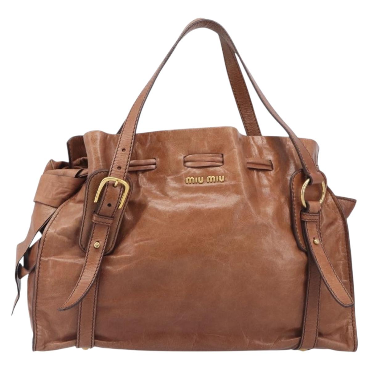 Miu Miu Side Ribbon Shoulder Bag Leather Brown Gold Tone Auth am13058V