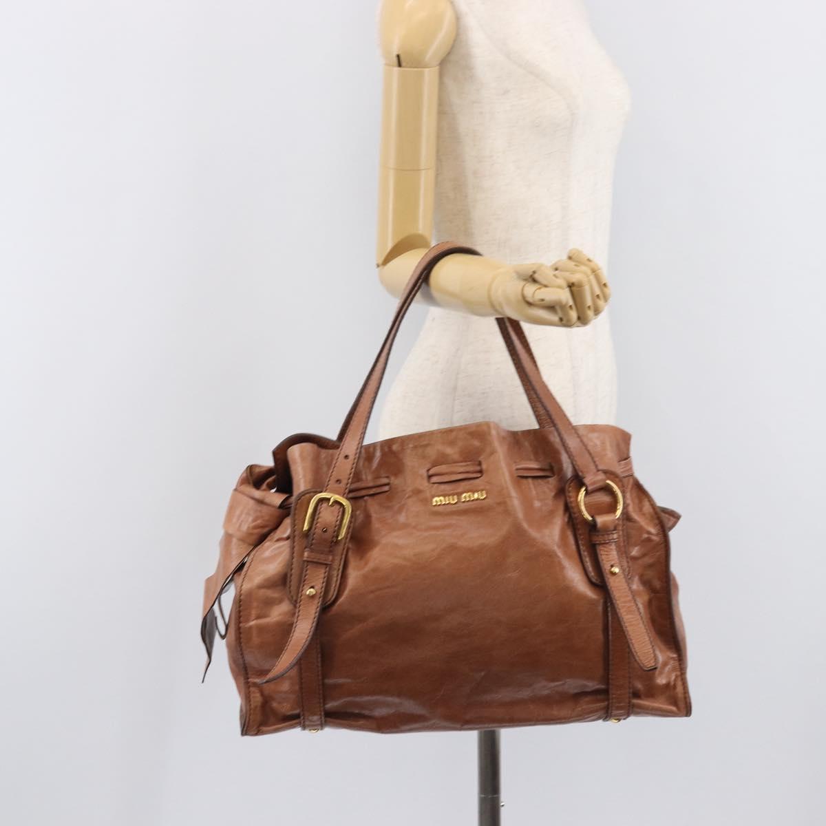 Miu Miu Side Ribbon Shoulder Bag Leather Brown Gold Tone Auth am13058V