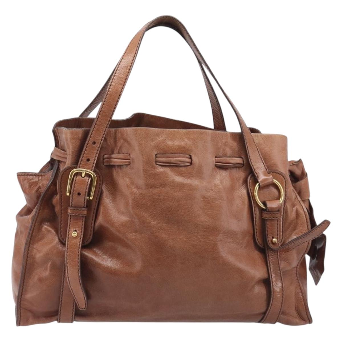 Miu Miu Side Ribbon Shoulder Bag Leather Brown Gold Tone Auth am13058V
