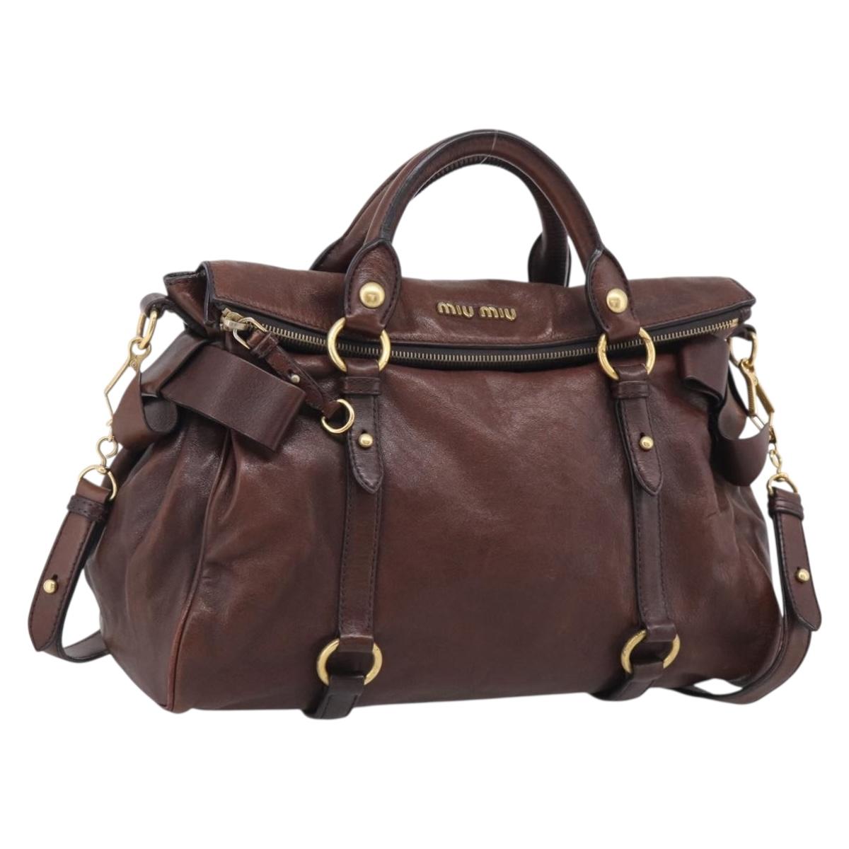 Miu Miu Side Ribbon Hand Bag Leather Brown Gold Tone Auth am13063A