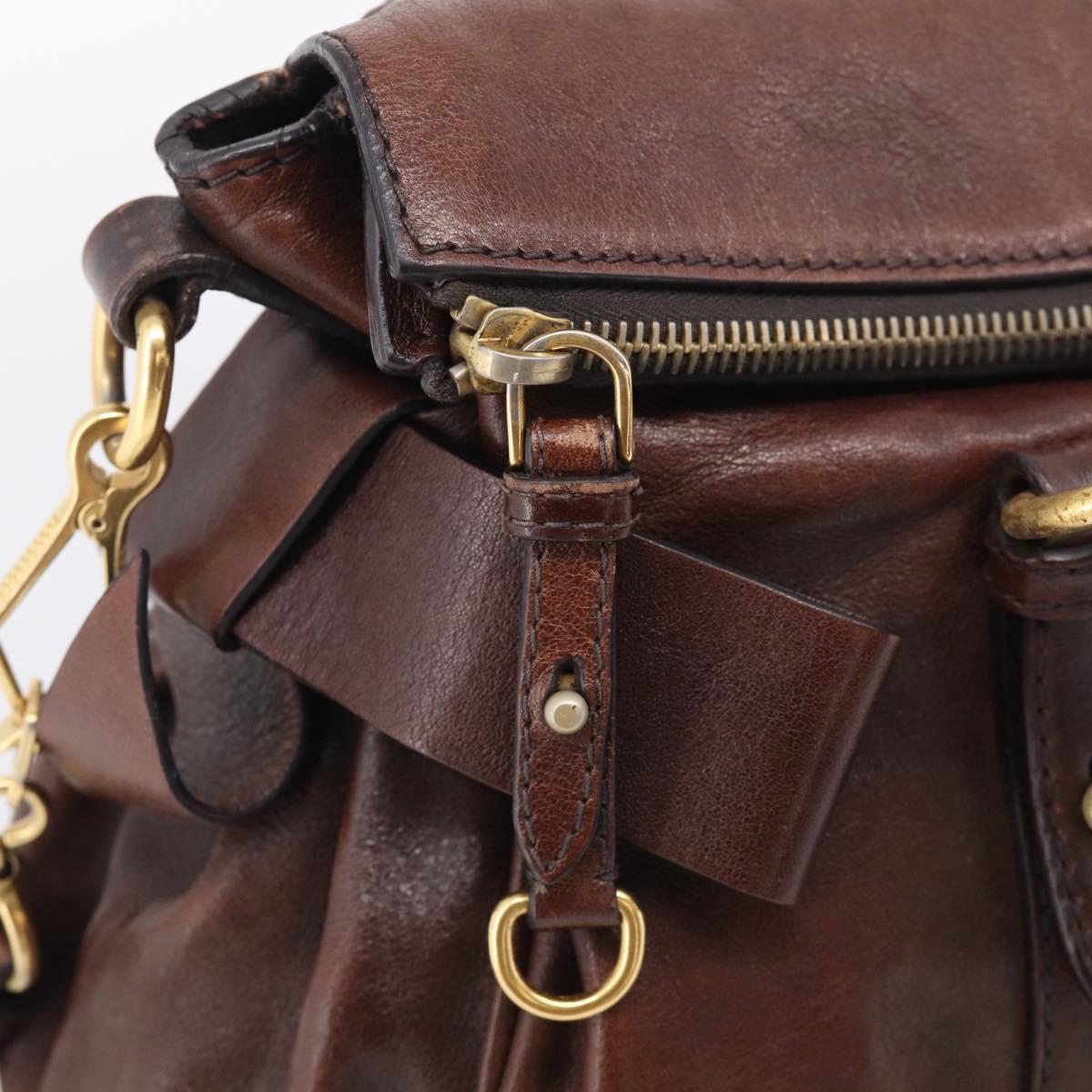 Miu Miu Side Ribbon Hand Bag Leather Brown Gold Tone Auth am13063A