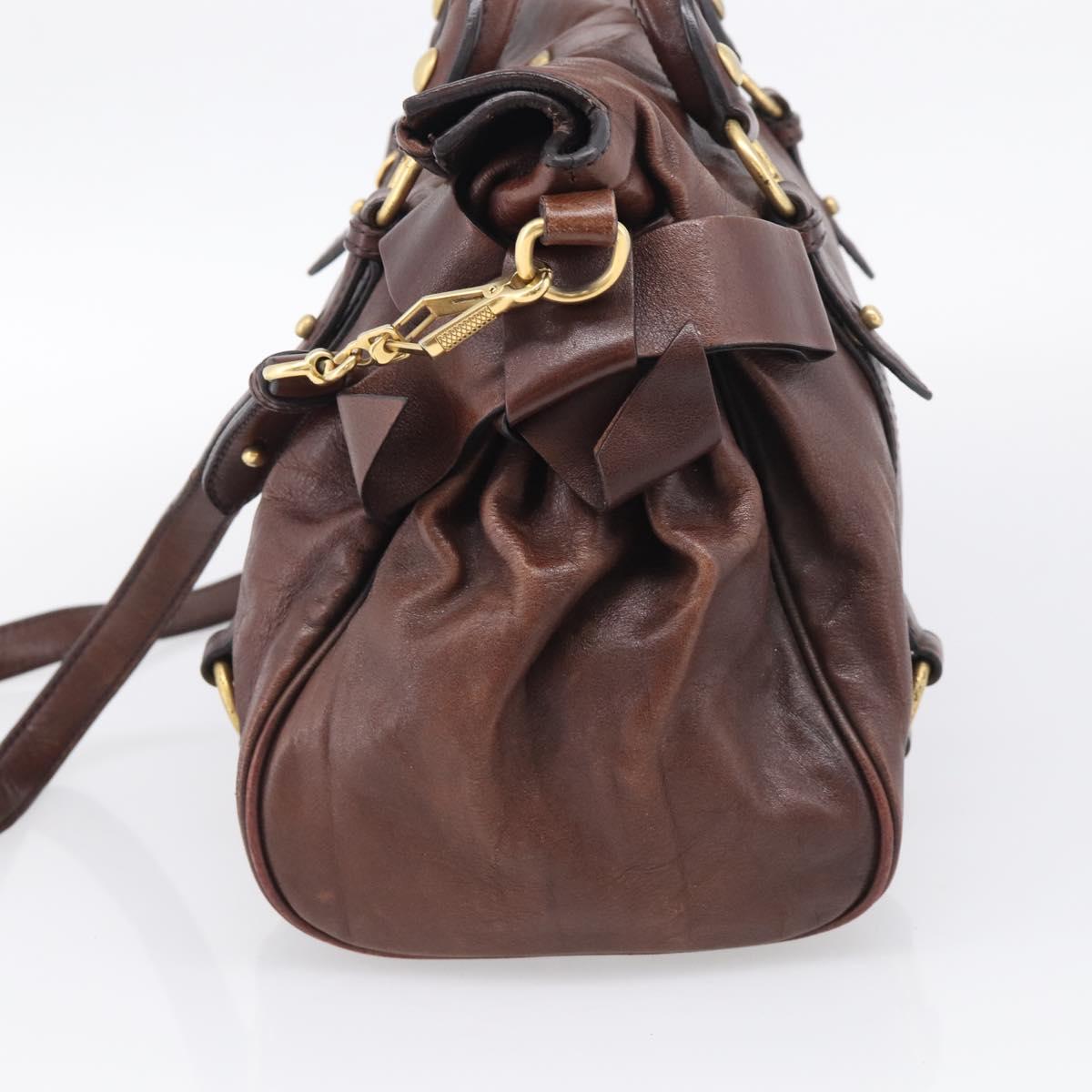 Miu Miu Side Ribbon Hand Bag Leather Brown Gold Tone Auth am13063A