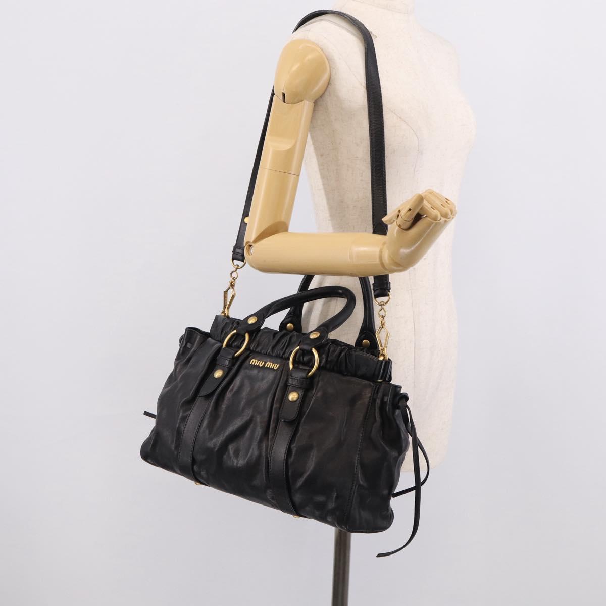 Miu Miu Side Ribbon Hand Bag Leather Black Gold Tone RT0383 Auth am13065V