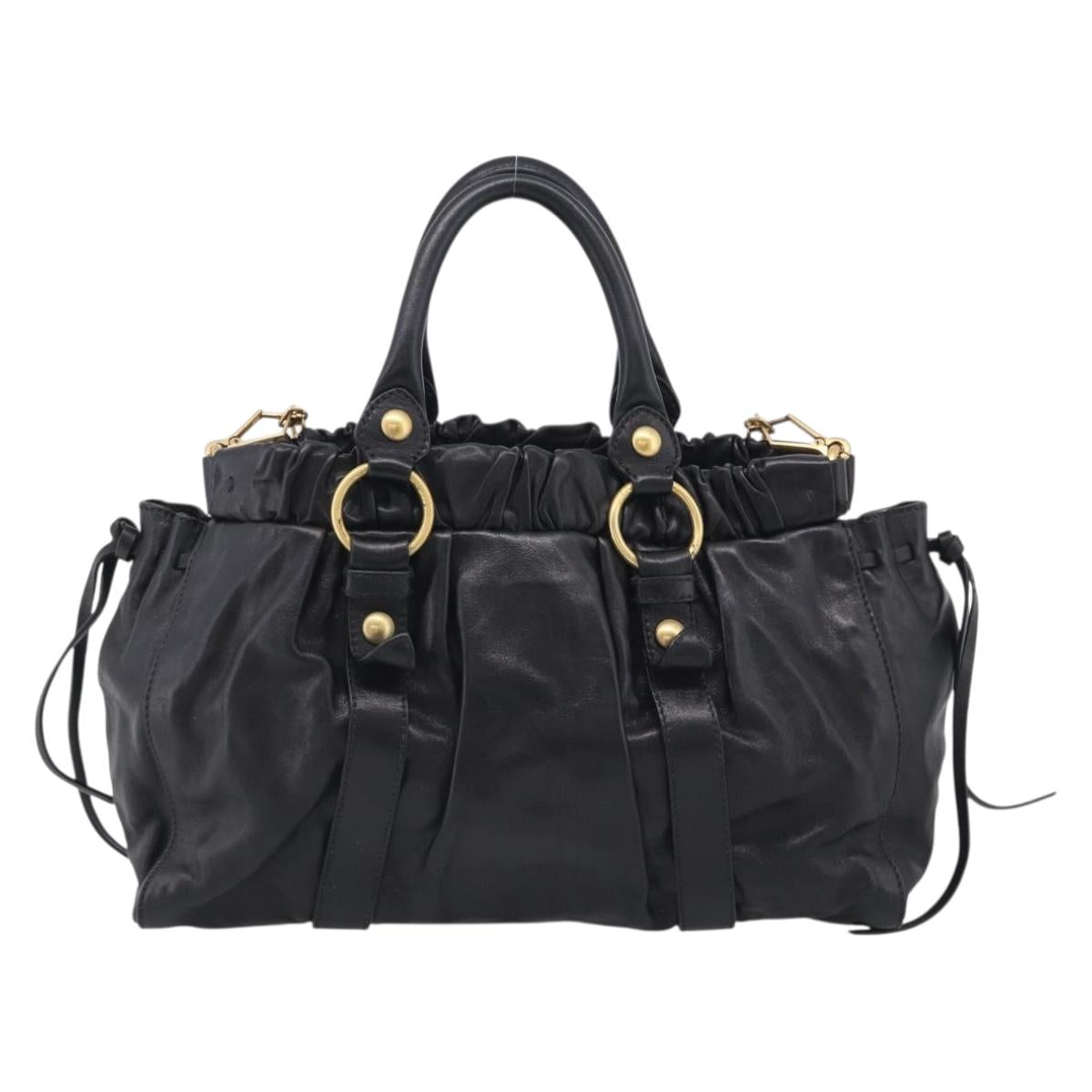 Miu Miu Side Ribbon Hand Bag Leather Black Gold Tone RT0383 Auth am13065V