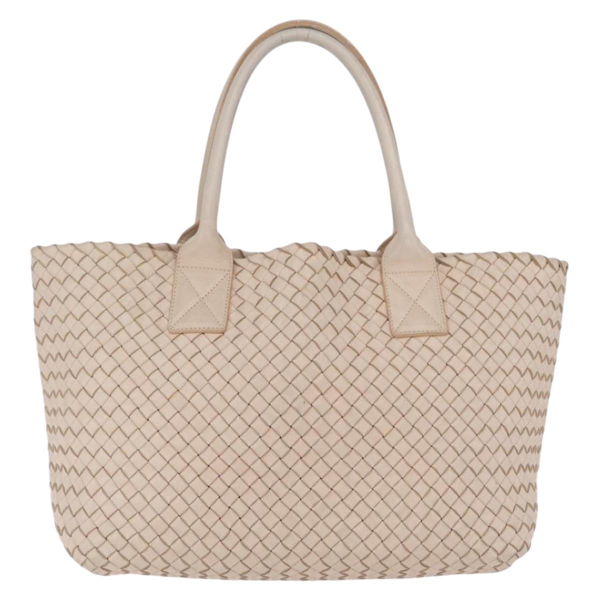 Bottega Veneta INTRECCIATO Cabas PM Tote Bag Leather Ivory 161357 Auth am13069A
