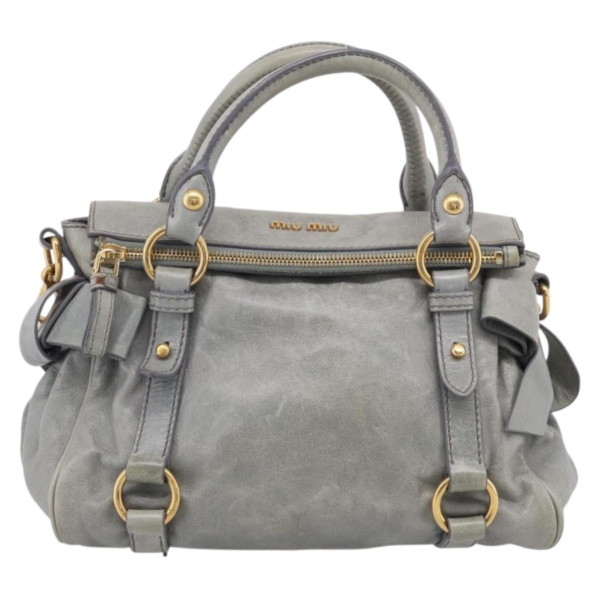 Miu Miu Vitello Lux Side Ribbon Hand Bag Leather Gray Gold Tone Auth am13074V