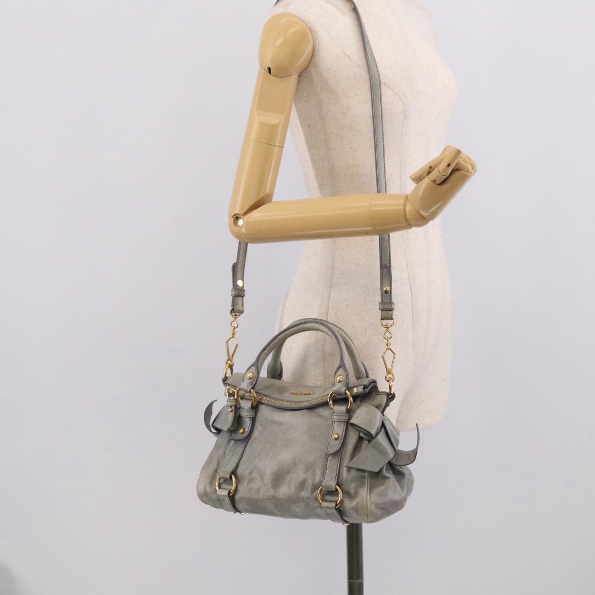 Miu Miu Vitello Lux Side Ribbon Hand Bag Leather Gray Gold Tone Auth am13074V