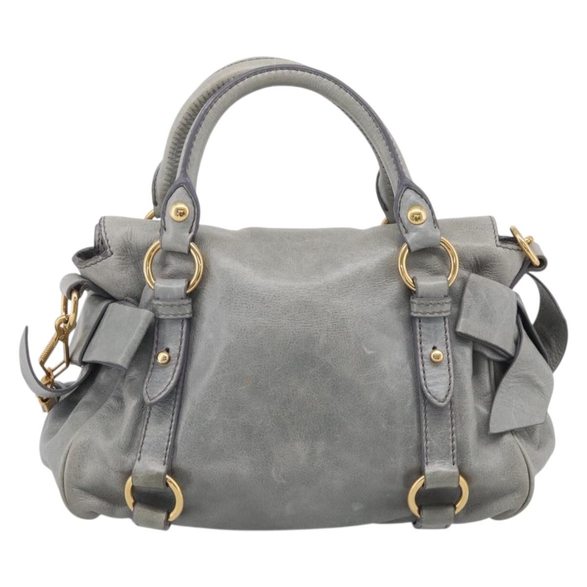 Miu Miu Vitello Lux Side Ribbon Hand Bag Leather Gray Gold Tone Auth am13074V
