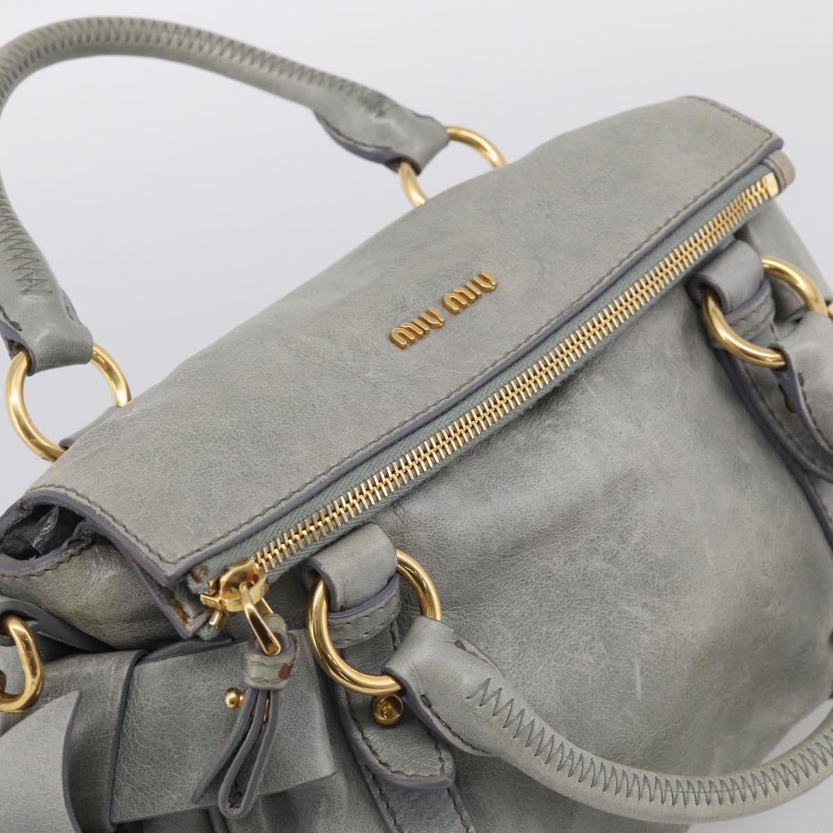 Miu Miu Vitello Lux Side Ribbon Hand Bag Leather Gray Gold Tone Auth am13074V