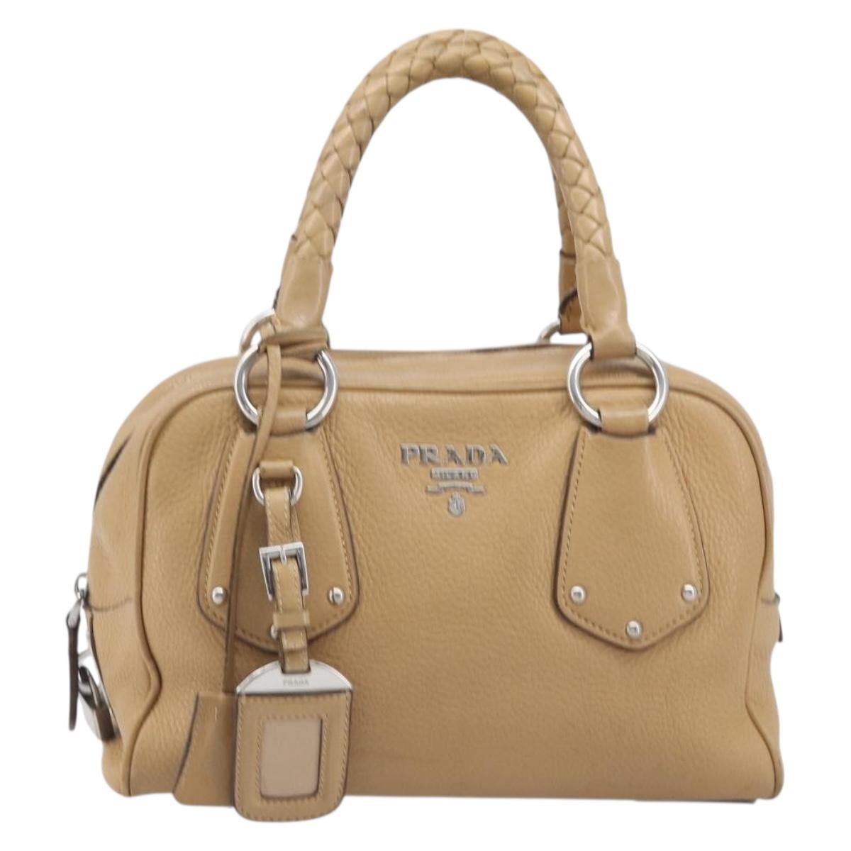 PRADA Bowler Bag Stand Bag Hand Bag Leather Beige Silver Auth am13082A