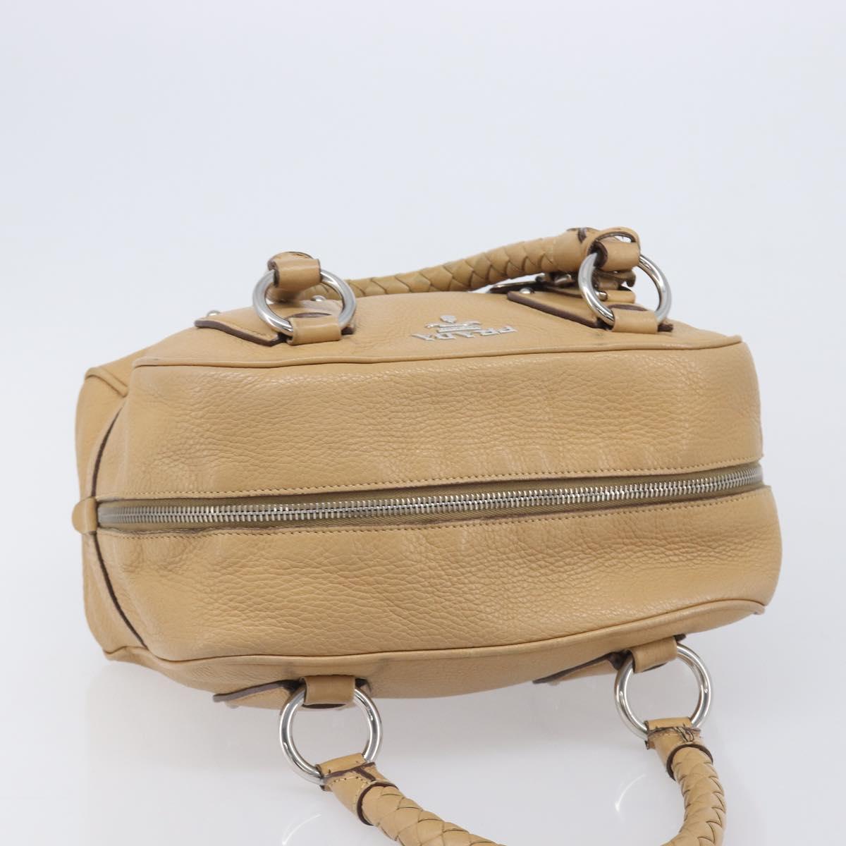 PRADA Bowler Bag Stand Bag Hand Bag Leather Beige Silver Auth am13082A