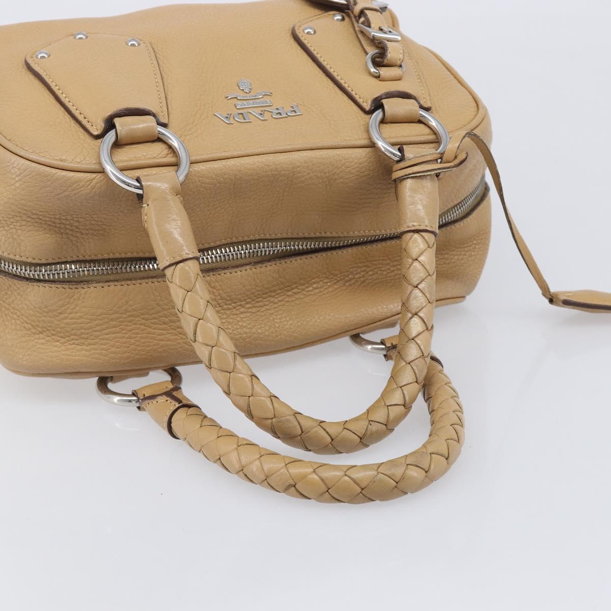 PRADA Bowler Bag Stand Bag Hand Bag Leather Beige Silver Auth am13082A