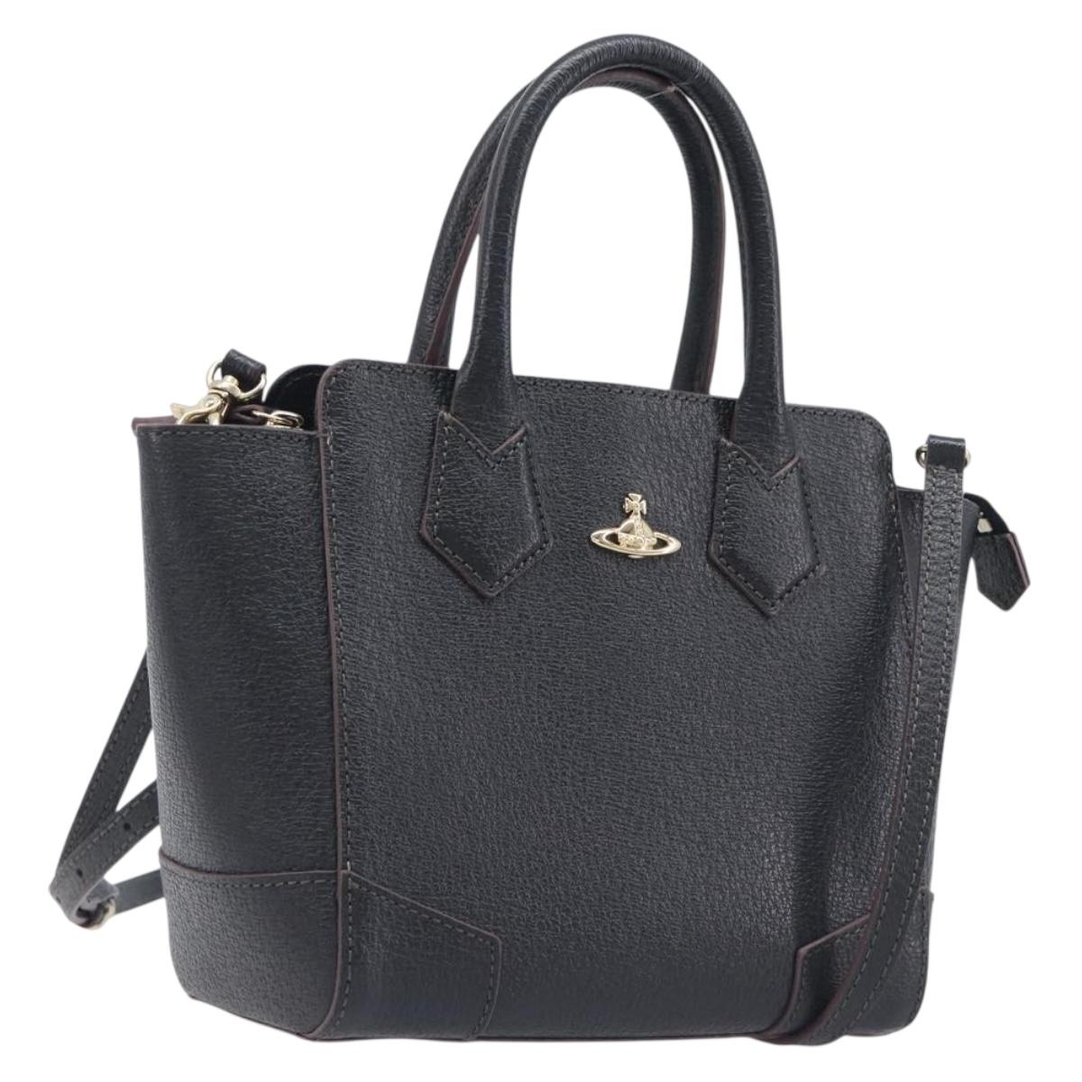 Vivienne Westwood Hand Bag Leather Black Gold Tone Auth am13092V