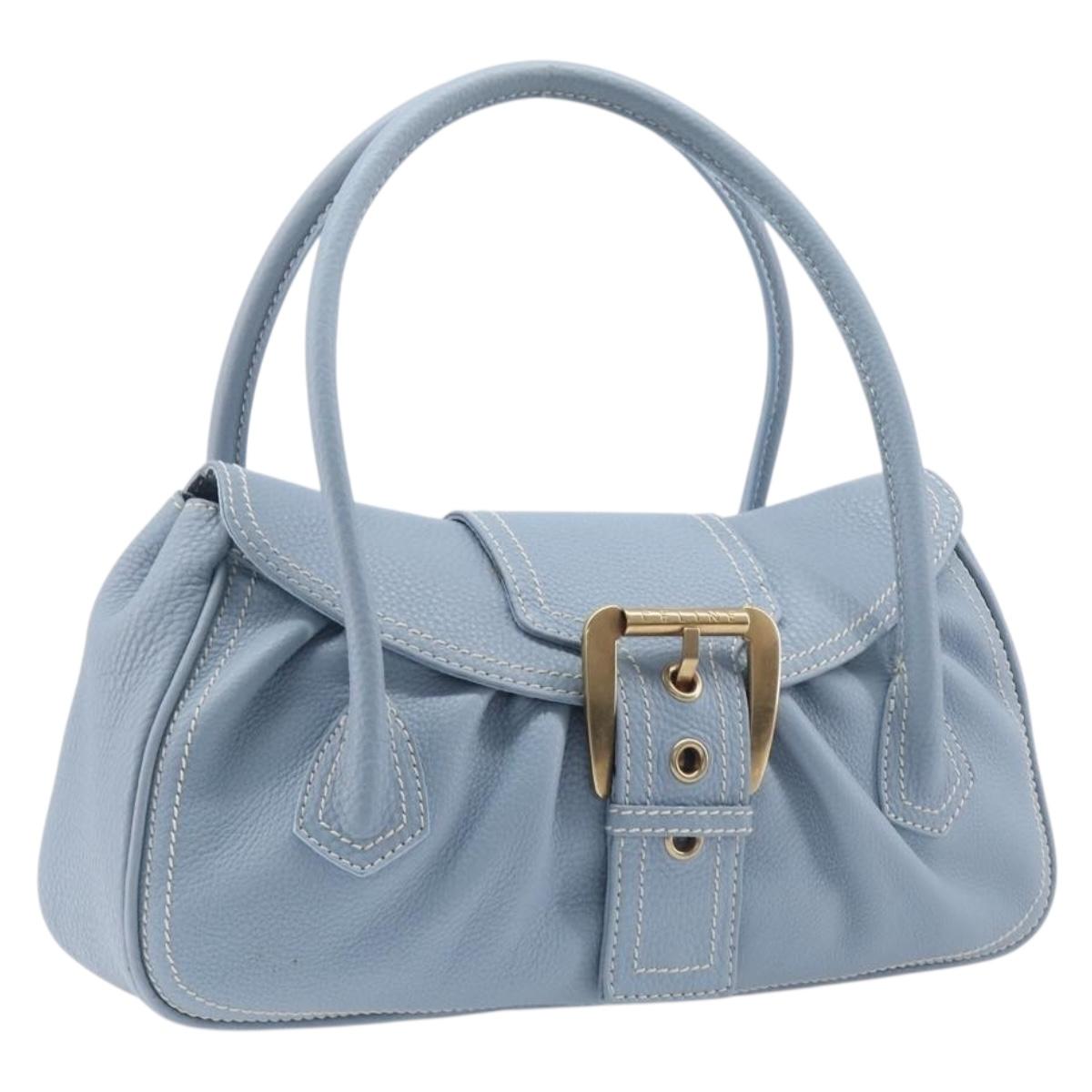 CELINE Hand Bag Leather Light Blue Gold Tone Auth am13108V