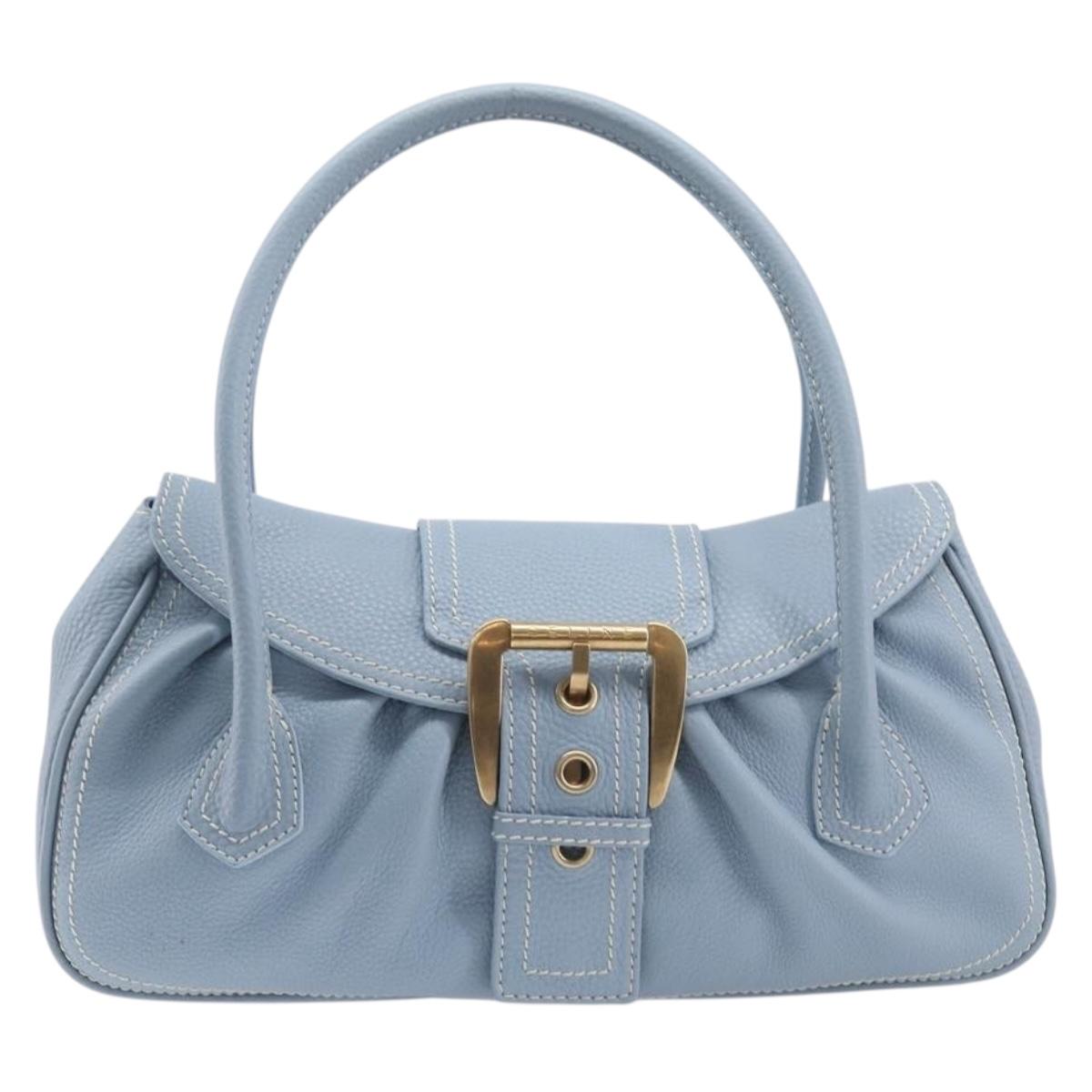 CELINE Hand Bag Leather Light Blue Gold Tone Auth am13108V