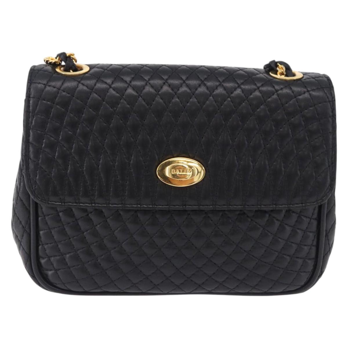 BALLY Matelasse Chain Shoulder Bag Leather Black Auth am3215V