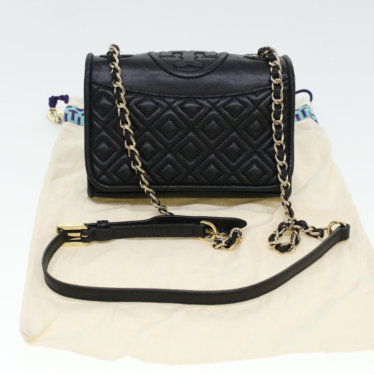 TORY BURCH Chain Shoulder Bag Leather Black Auth am4322