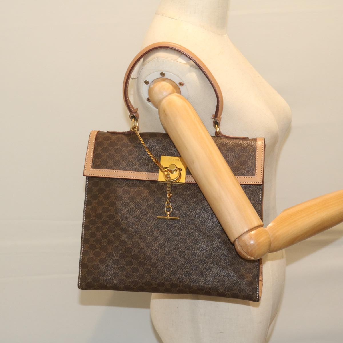 CELINE Macadam Canvas Hand Bag PVC Leather Brown Auth am5411V