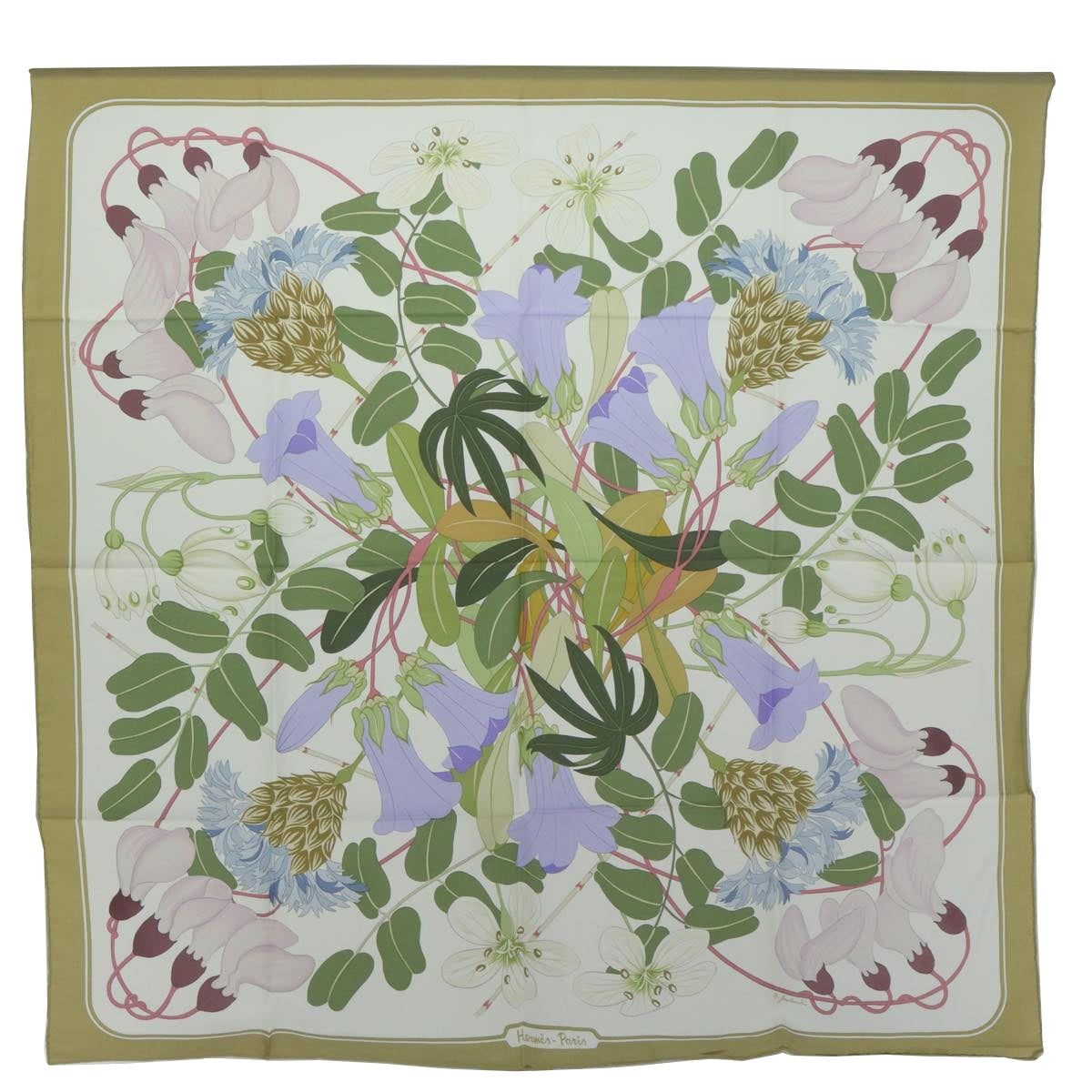 HERMES Carre 90 Flora Graeca Scarf Silk Beige Multicolor Auth am5676