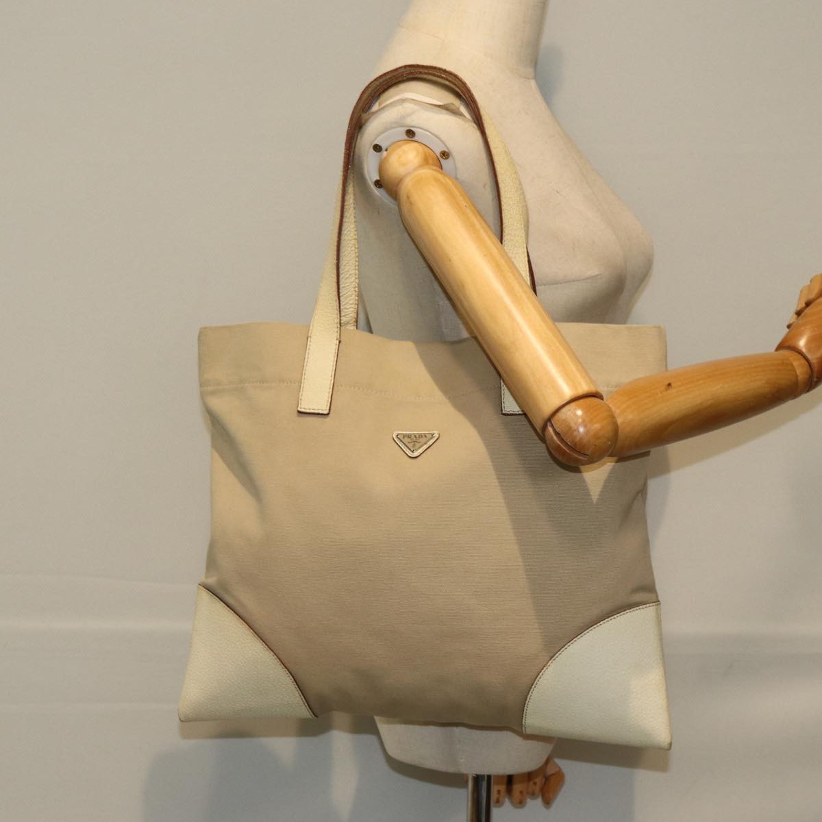 PRADA Tote Bag Canvas Beige Auth am6376