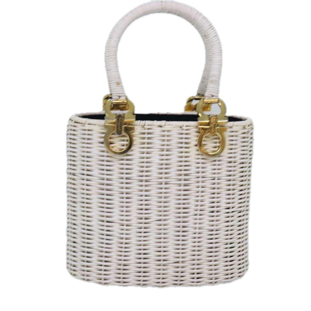 Salvatore Ferragamo Gancini Basket bag Hand Bag Straw White Auth am6527
