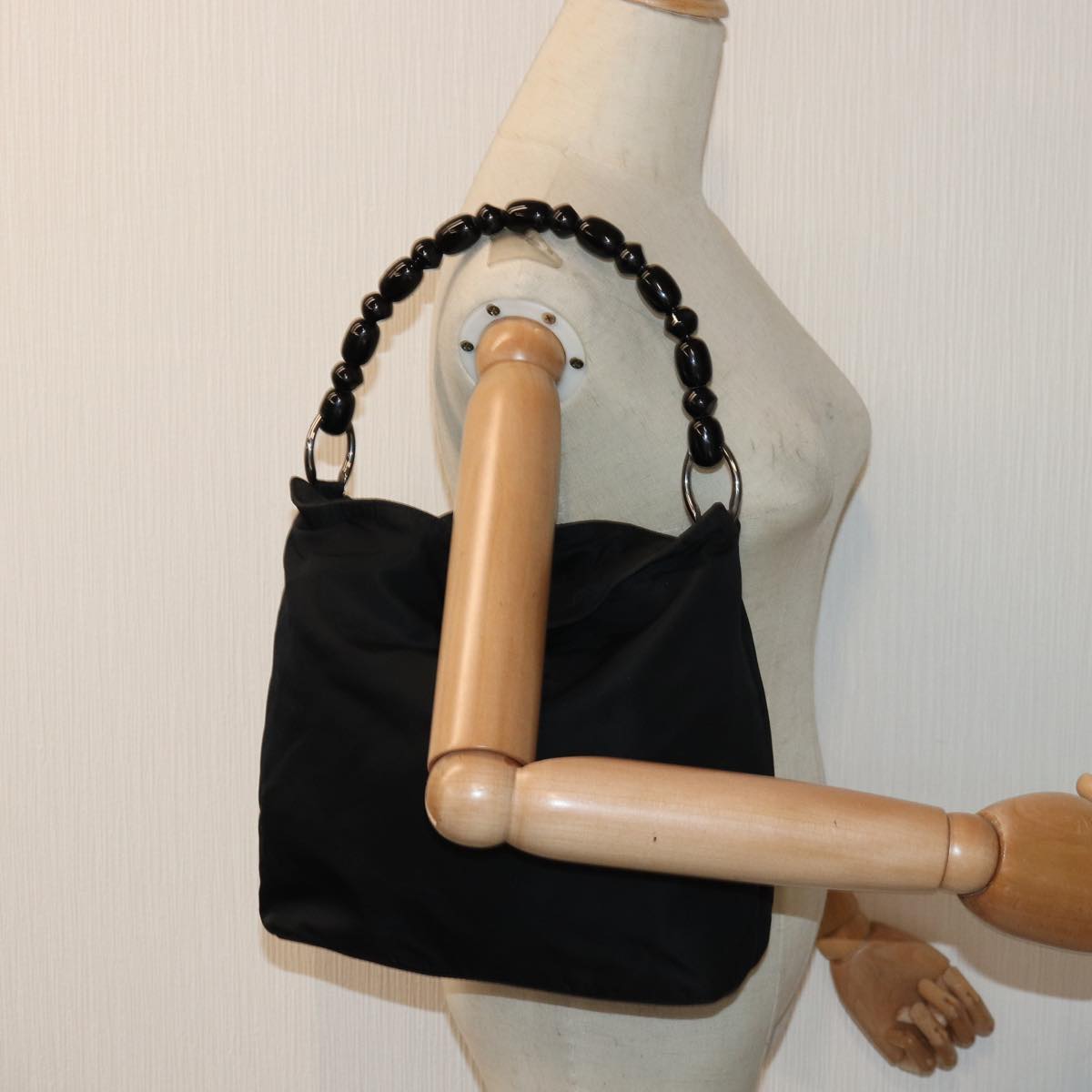 Christian Dior Maris Pearl Hand Bag Nylon Black Silver Auth am6778