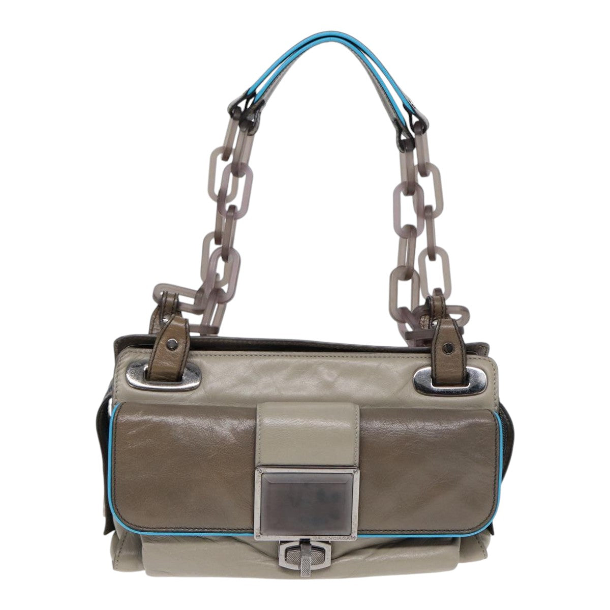 BALENCIAGA Turn Lock Chain Shoulder Bag Leather Beige Gray Silver Auth am6814V