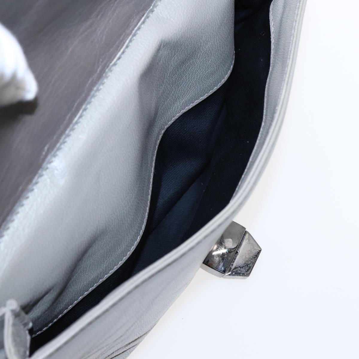 BALENCIAGA Turn Lock Chain Shoulder Bag Leather Beige Gray Silver Auth am6814V