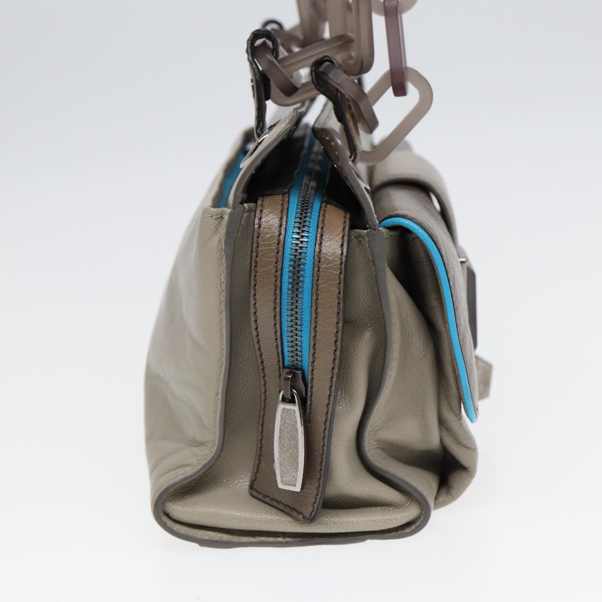 BALENCIAGA Turn Lock Chain Shoulder Bag Leather Beige Gray Silver Auth am6814V