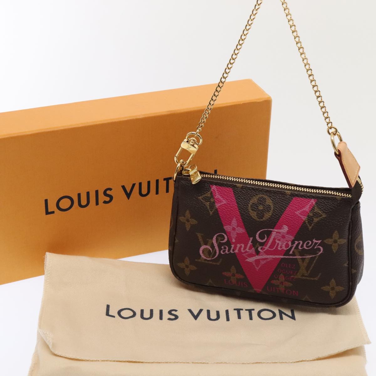 LOUIS VUITTON Monogram V line Mini Pochette Accessoires Pouch Pink Auth am6931SAV